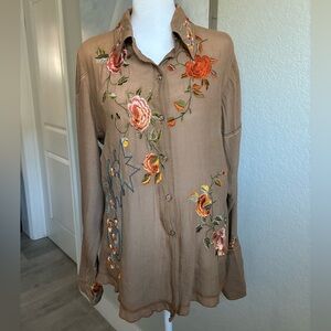 Paparazzi Boho Western Floral Embroidered Brown Button Down Shirt